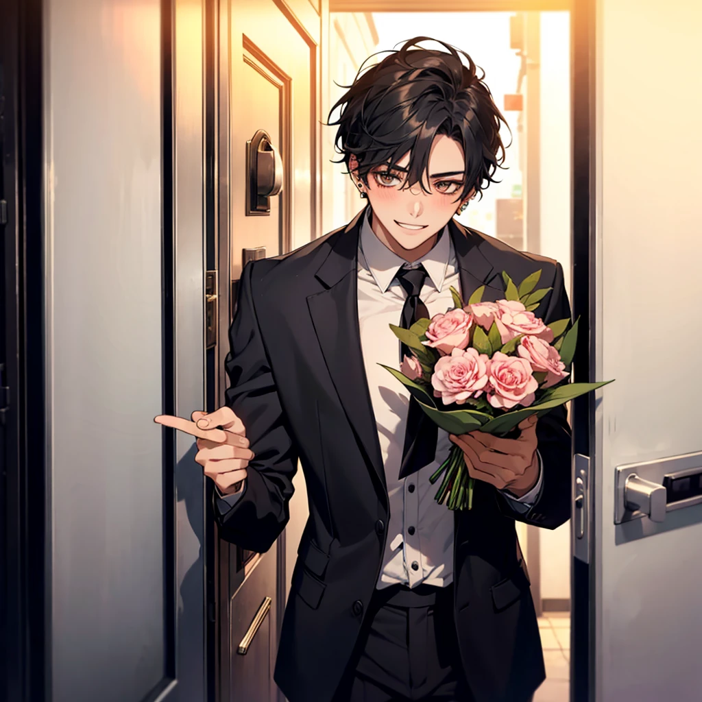 young guy, smiling, giving a bouquet of flowers, blushing, graduated student, street background, POV you are opening the door to him, handsome, almond eyes, black hair, piercings