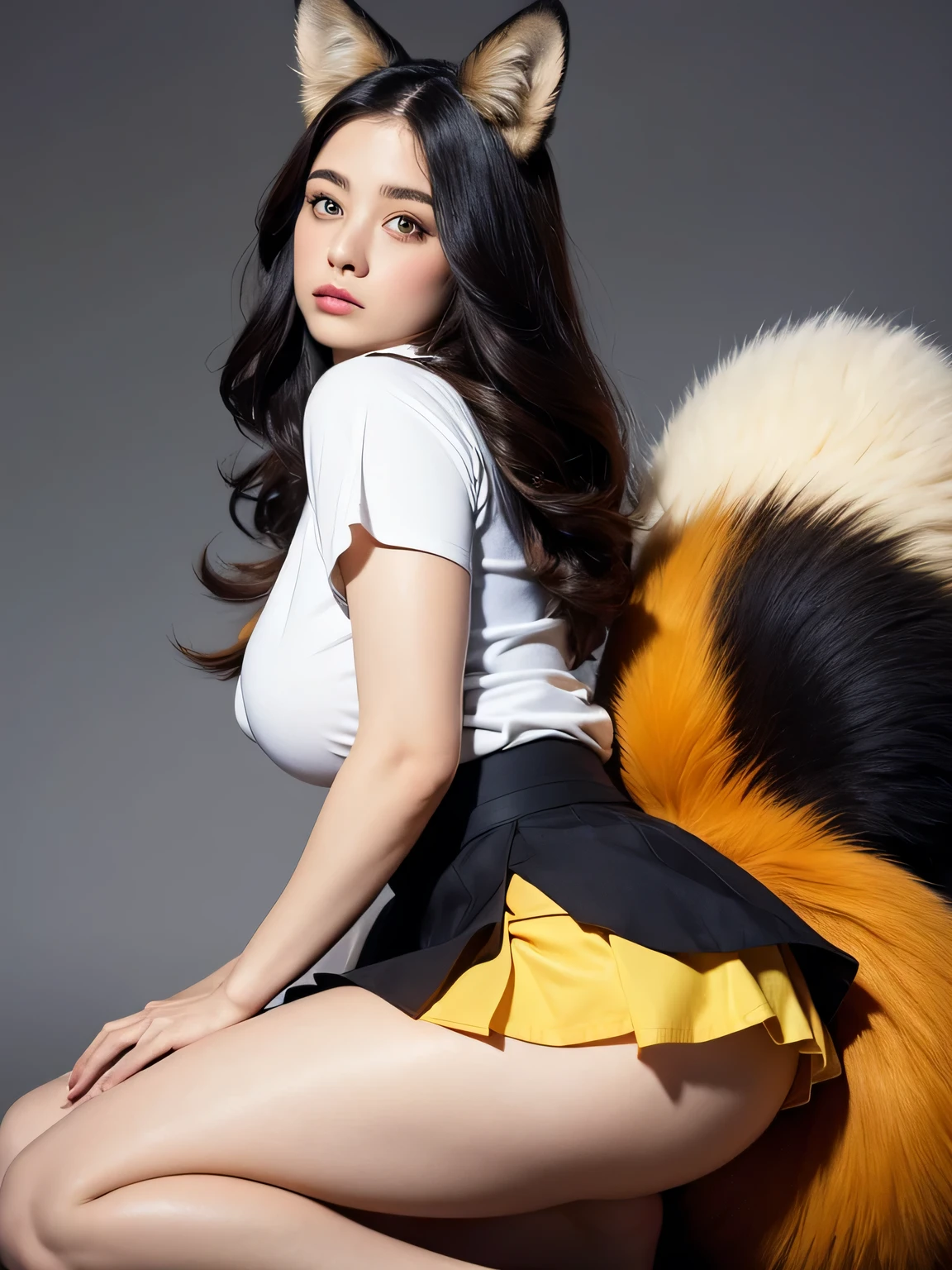((Highest quality, 8k)), ((masterpiece)), (Highest Resolution), Perfect Face, Fox-eared woman, Female college student, Beautiful woman, public, One tail, she has thick thighs, Big fox tail, She has a yellow fox tail., She wags her tail, Troubled face, Fur collar, She is wearing a short skirt, Beautiful Hips , Big Breasts, The skirt is rolled up with a big tail