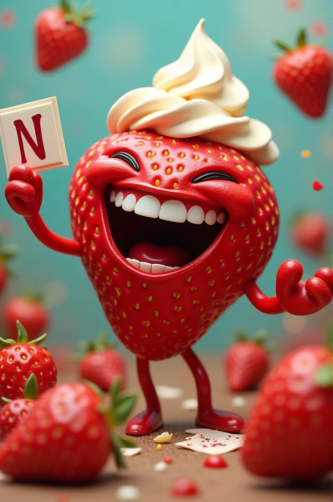 A big laughing strawberry with hands and cream also with more small strawberries and a letter in the hand N