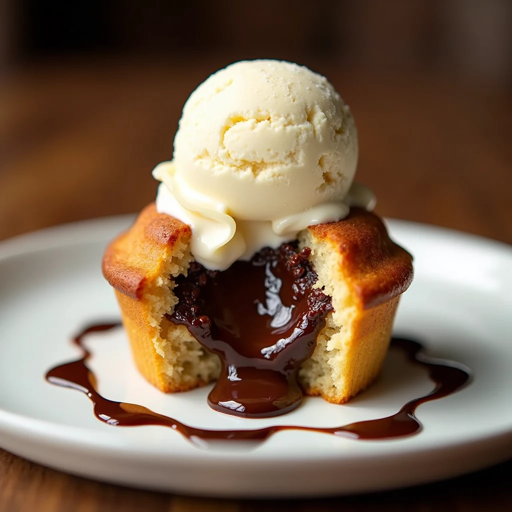 Muffin with melted chocolate inside and a scoop of vanilla ice cream on top of the muffin 
