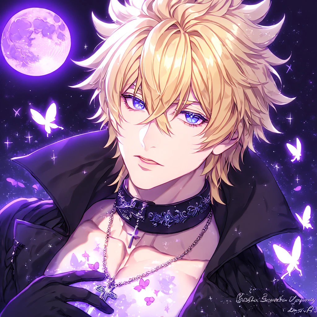 absurdres, highres, ultra detailed, HDR, master piece, best quality, Frau, blonde hair, spiked hair, hair between the eyes, expressive blue eyes, 07 Ghost, solo, sexy man, handsome, sensual, manly man, black trench coat with high collar, collar, cross necklace, showing the chest, fantasy, black gloves, magical, shining, purple flowers, blossoms, water, purple petals, purple butterflies, sparkling, purple moon, starry sky