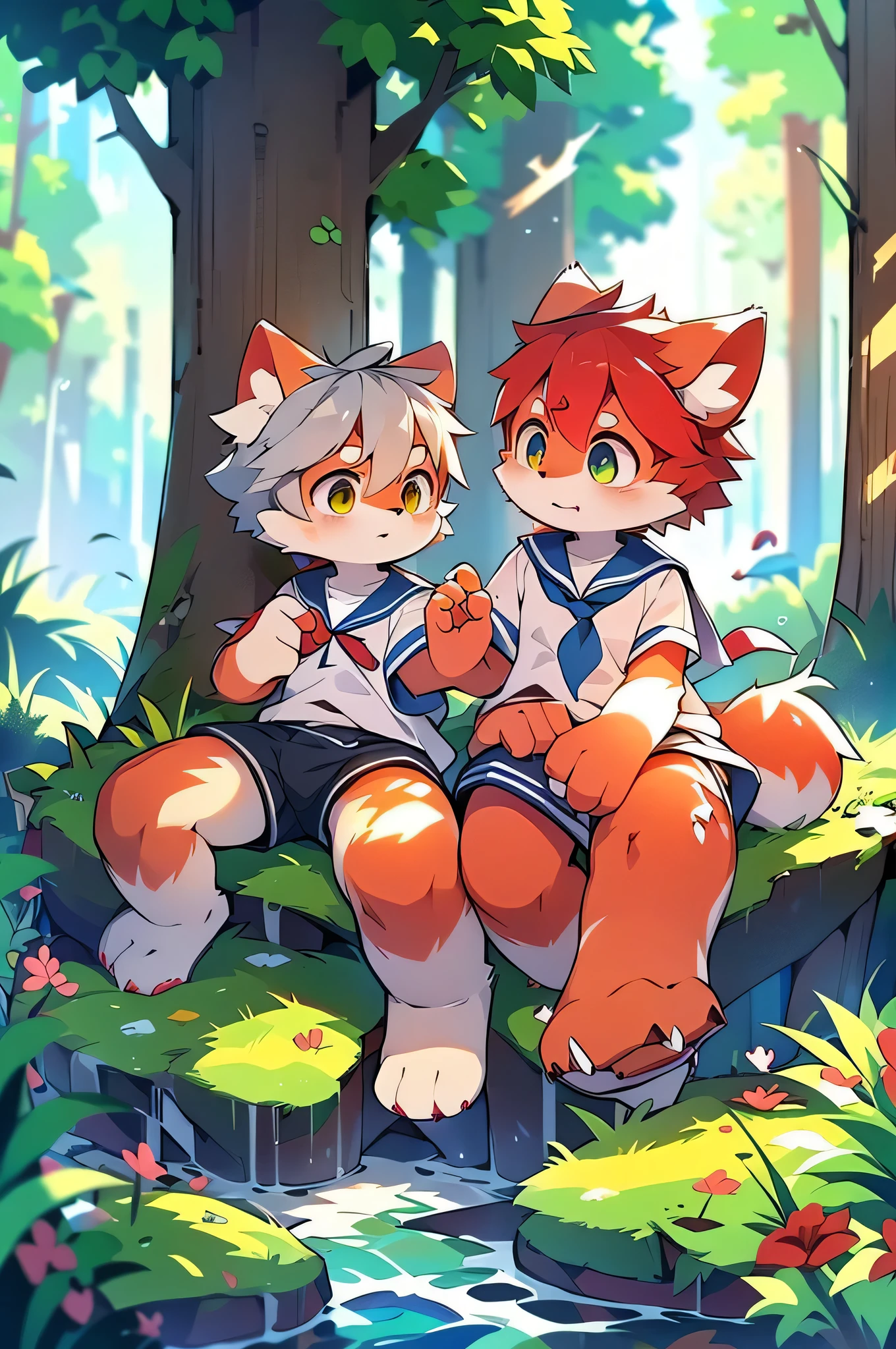 Dagashi,Hair growing all over the body,Red fur,Red face,Gray Hair,Mammals,male,Libido boy,Red face fur,Fluffy tail,10 years old,Shining Eyes,Panoramic View:1.2,Character Focus,（(Wearing a sailor uniform,River side,waterfall,nature,beautiful))