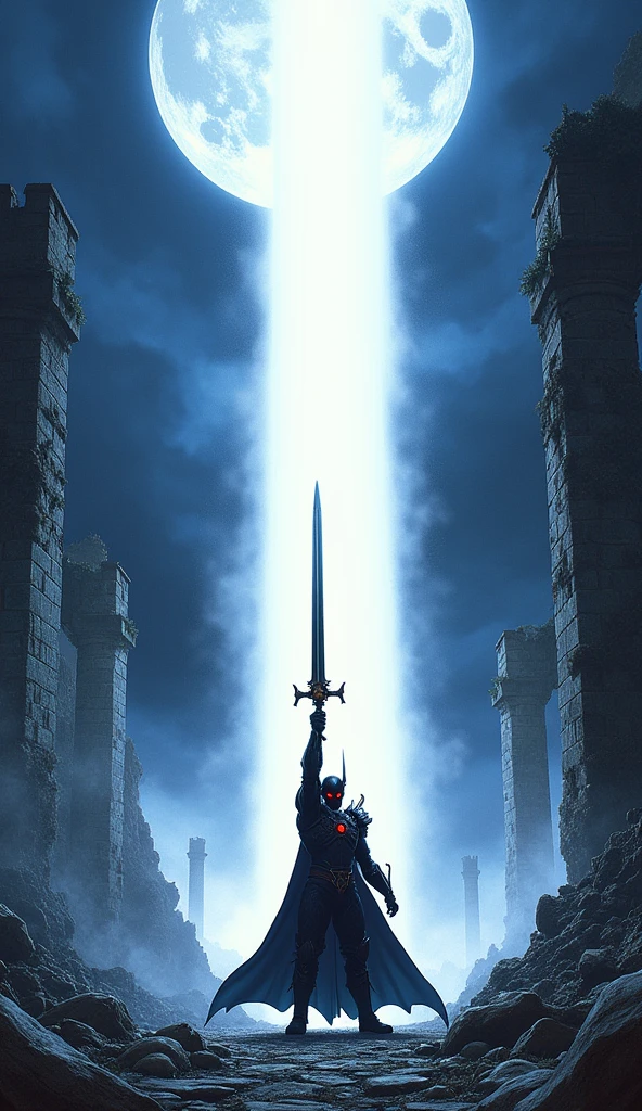 "Yoshitaka Amano's full-body illustration of Valis, the cursed swordsman, executing his ultimate attack 'Luminous Order'. Valis, clad in dark gothic armor with glowing red eyes, stands amidst the ruins of an ancient castle. His black sword, encrusted with a blood-red gem, is raised high, emanating a blinding white light. As Valis brings the sword down, a massive pillar of pure light descends from the heavens, engulfing everything in its path. The crumbling castle and surrounding landscape are bathed in the radiant glow of the attack, creating a stark contrast with the dark, moonlit sky. Photographed with an EOS 5D digital SLR camera."