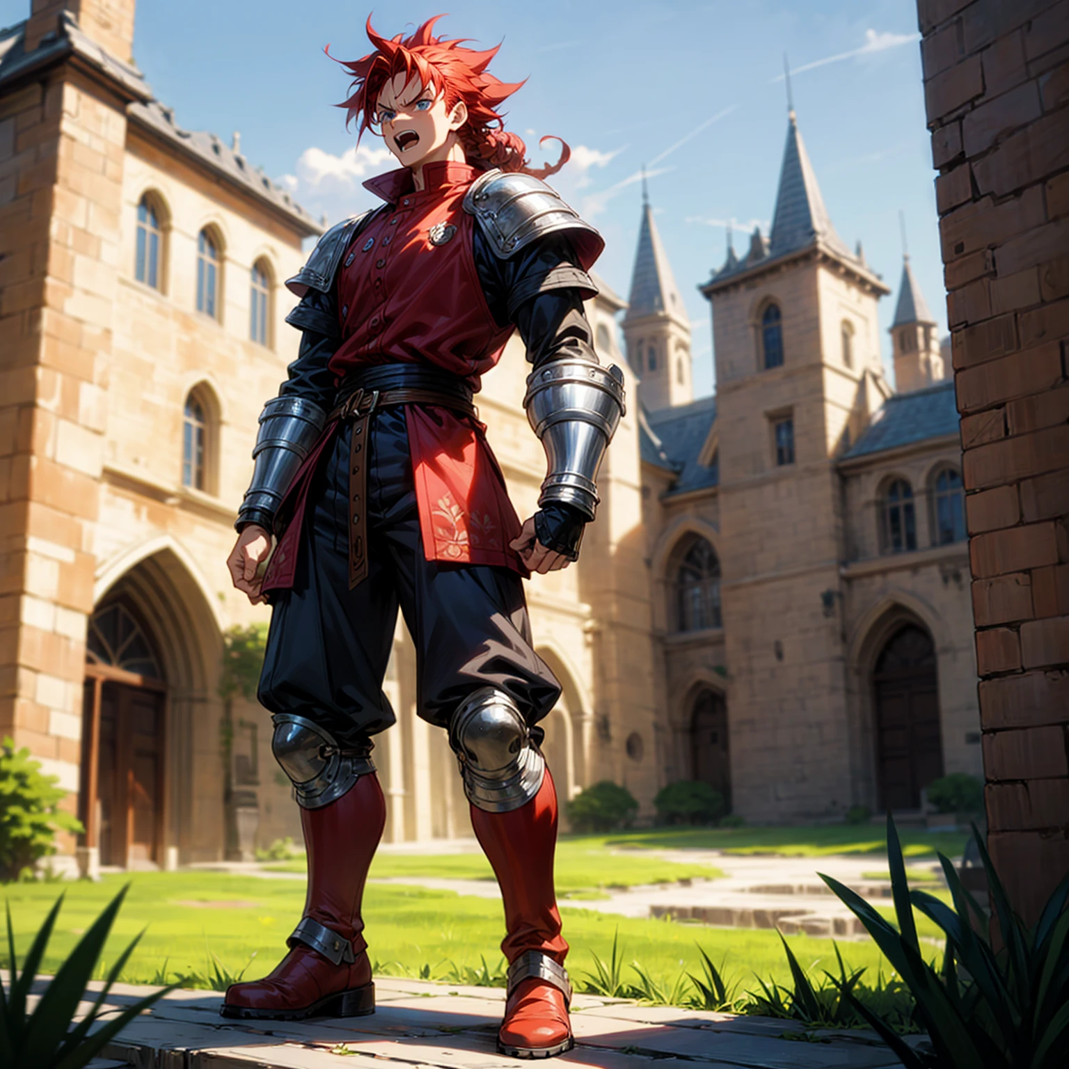 Solo character, full body version, young man, big muscle, blue eyes, red hair, long curly mohawk, casual clothing, short pants, Boots, outdoor, village, medieval, morning, standing gesture, detailed background, detailed clothing, detailed hair, angry eyes, open mouth, (one piece style art)