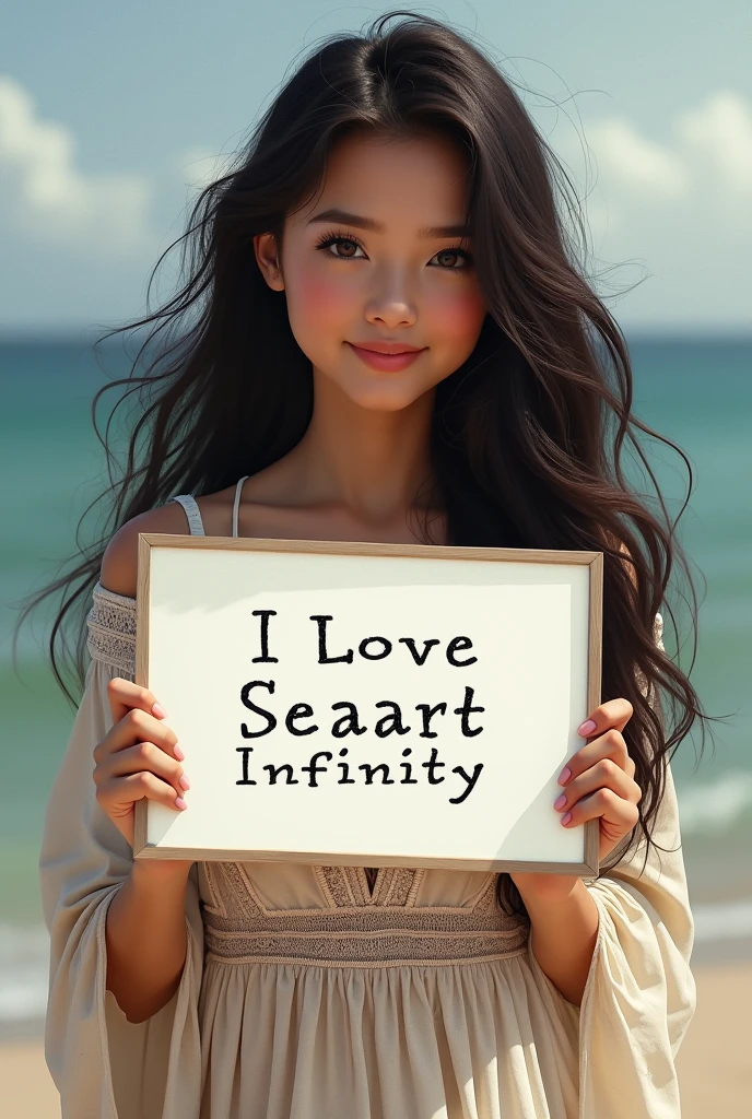 Beautiful girl with wavy long hair, bohemian dress, holding a white board with text "I Love Seaart Infinity" and showing it to the viewer