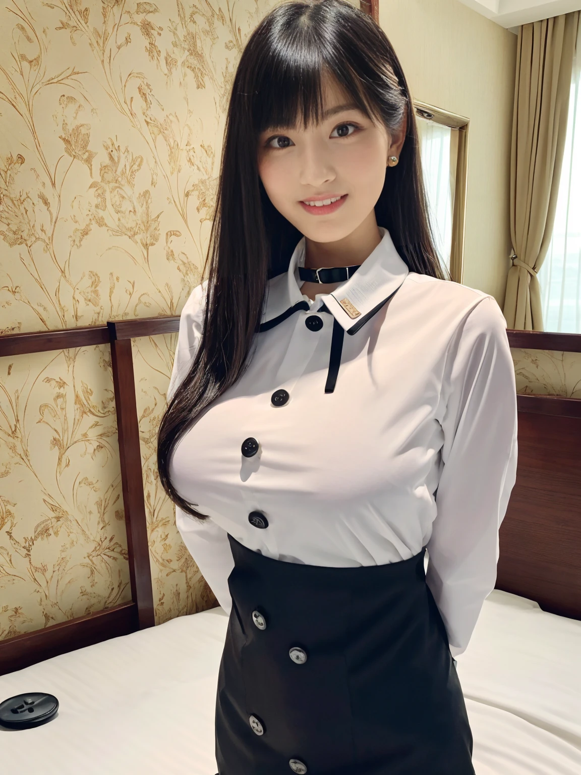 masterpiece, Highest quality, figure, Very detailed, The finer details, High resolution, 8k,wallpaper, Perfect dynamic composition,(Detailed high quality:1.3)、Seraphim, (The background is an empty hotel bed:1.3), Deep in the field, Black hair color, Big Natural Color Lip, (Perfect figure), (smile)、Harajuku Style, Adorable expression、Expressions of happiness、Amazingly cute、Cute type、Beautiful feet, Idol Sculpture、(Big Breasts:1.5)、(A tight-fitting waitress uniform with buttons on the collar and chest:1.5)