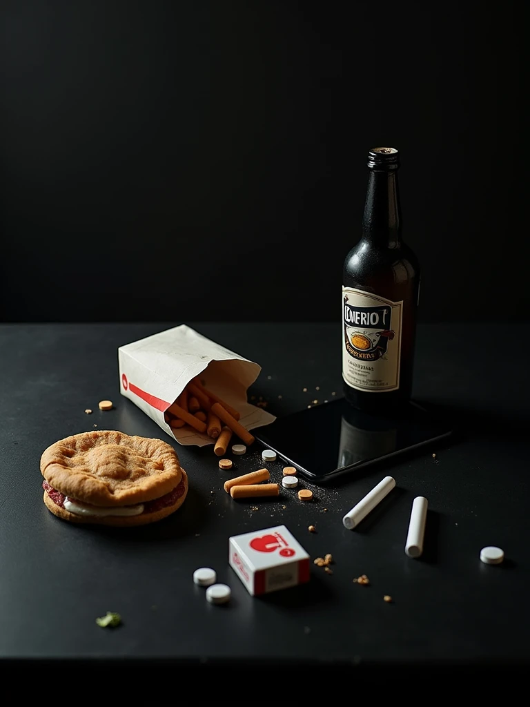 A fast food plate with hamburger and fries, a cup of soda, a whisky bottle, a cigarette box, some pills and a modern smartphone. All that objects in a black clean table, bad illumination, dark aesthetic, minimalist ambient, silent ambient