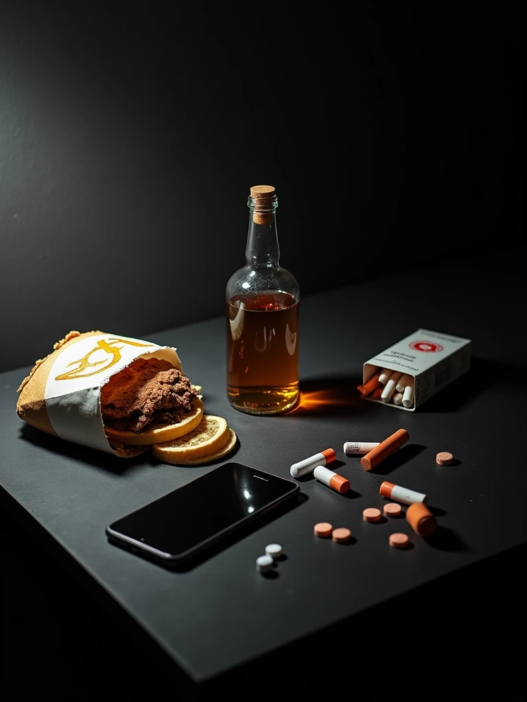 A fast food plate with hamburger and fries, a cup of soda, a whisky bottle, a cigarette box, some pills and a modern smartphone. All that objects in a black clean table, bad illumination, dark aesthetic, minimalist ambient, silent ambient
