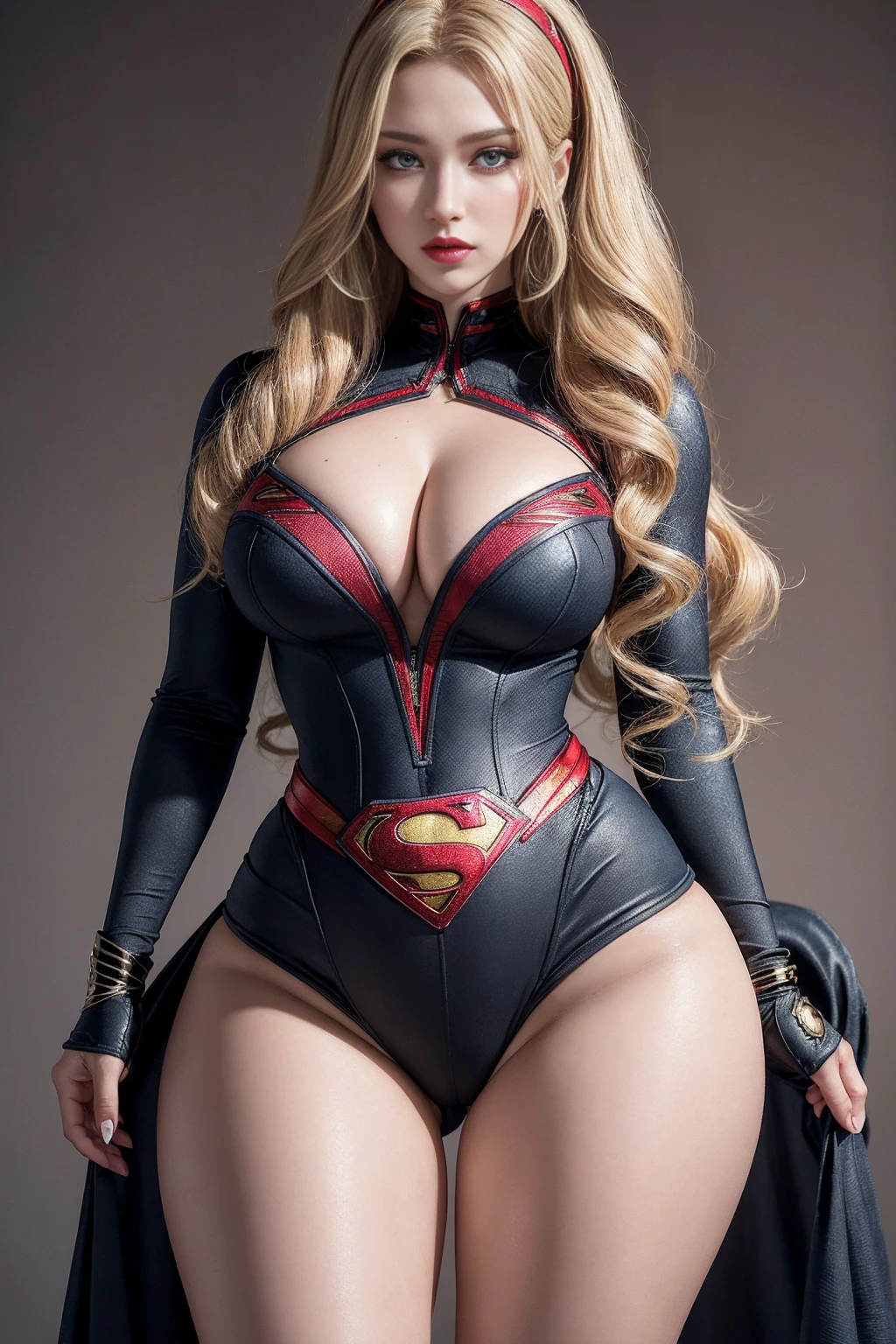 1 girl, (((17 years))), (((Perfect body))), masterpiece, best quality, 8K, Extremely detailed skin texture, Extremely detailed fabric texture, Beautiful and delicate face, (((Extremely beautiful))), Intricate details, Extremely detailed, ((Black Widow in Superman style)), (((Curly Blonde))), Extremely beautiful blonde, (((Extremely detailed long hair))), big red hairtie, Ponytail, Dynamic poses, ((Clothes that show thighs)), (Extremely detailed legs), ((shorts)), ((skirt)), (((Wide hips))), (Extremely detailed thick thighs), Sexy, Sexy pose, (((Extreme hourglass figure))), Extremely detailed deep red lipstick, Extremely detailed lips, Extremely detailed blue eyes, Beautiful appearance, (Slanted eyes), Extremely detailed provocative mouth, Extremely beautiful seductive lips, blush, Professional Makeup, Eyeshadow.