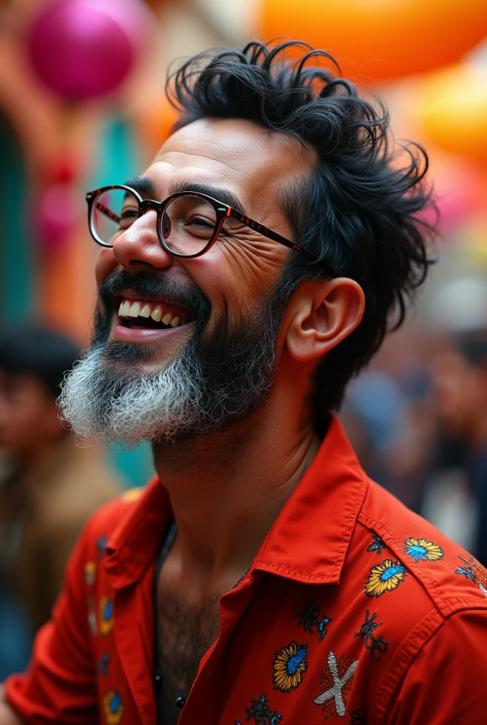Create an image of a 40 year old man with black hair with white strands wearing checkered glasses who is very happy and also has a black beard with white strands and is addicted to flamego