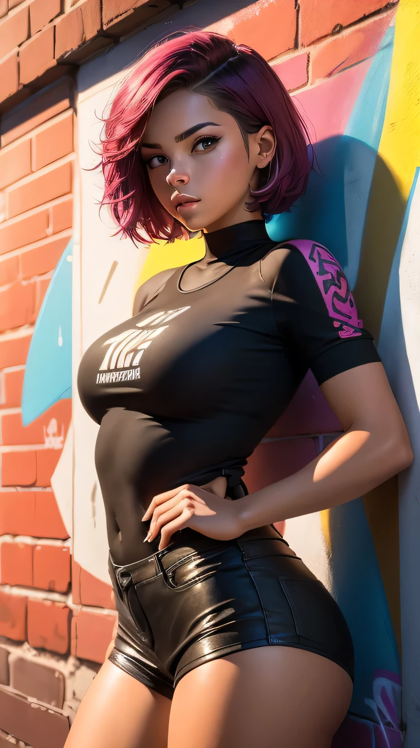 (best quality), (high detail), (vivid colors), (Highly detailed), (graffiti style), (freestyle), (Close up), (1girl), young sexy female teen girl, big , (see through), tight top, posing in front of a brick wall painted with street art, HDR, 8K, 3D, graffiti art style.  short hair