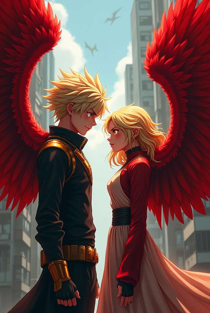 My Hero Academia Shoto Todoroki next to a blonde girl with yellow eyes and red wings