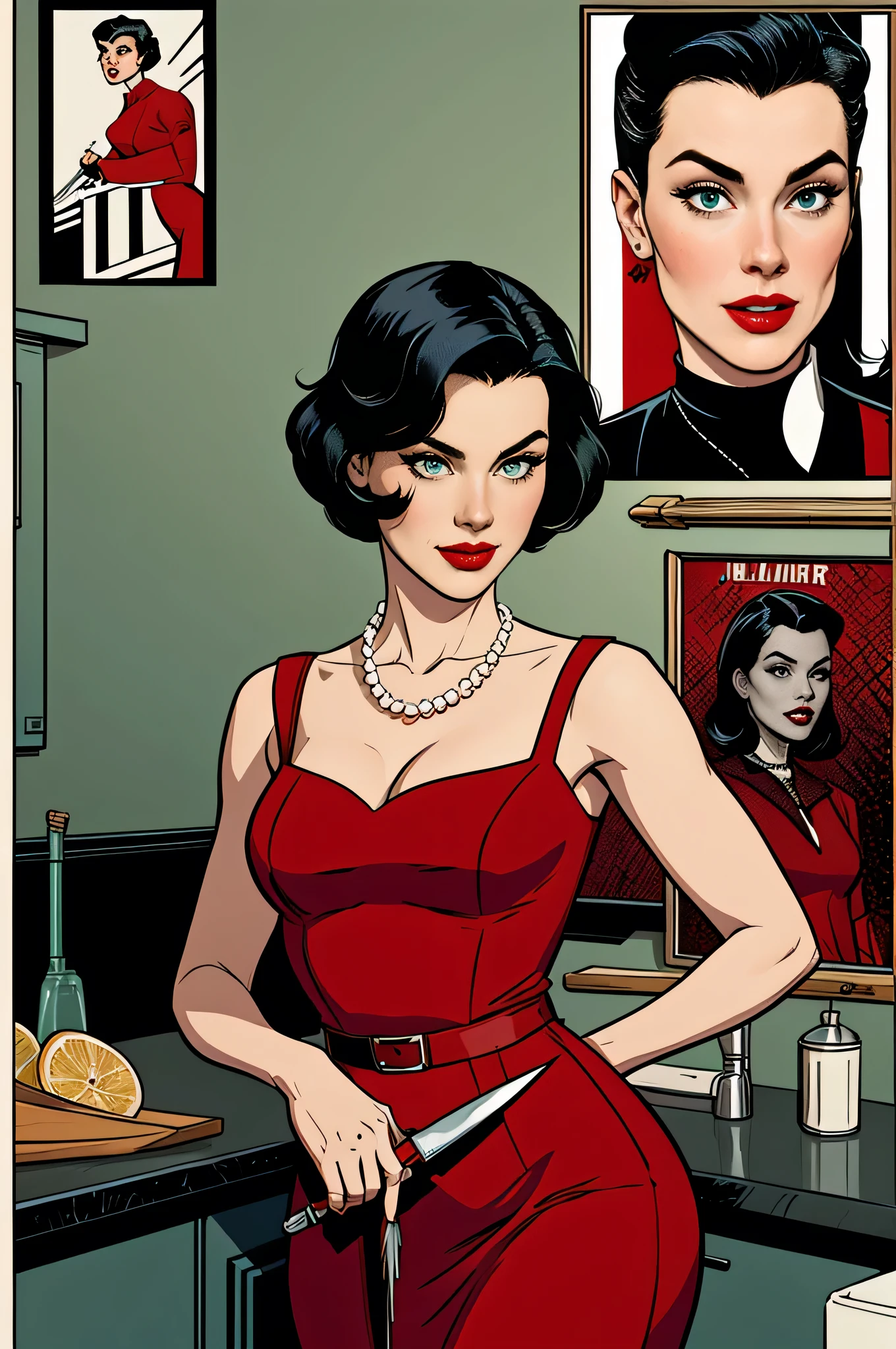 (work of art, best qualityer), 8 k wallpaper, highy detailed, posters, old spy movie, 1960s, sexy female hitman, short black hair, (shorth hair ) cinematic movie poster, Bauhaus, shapes, lines, abstrato, propaganda, mid century modern, movie poster, vintage, Lady Killer by Joelle Jones, vintage clothing, long redgown, (redgown) ,
Epochal dress, flowing gown. Pearl necklace , greeneyes, in a kitchen, with a bloody knife in his hand and a severed head in the sink, with scary smile, with Lady Killer written in the background, comic, comic style