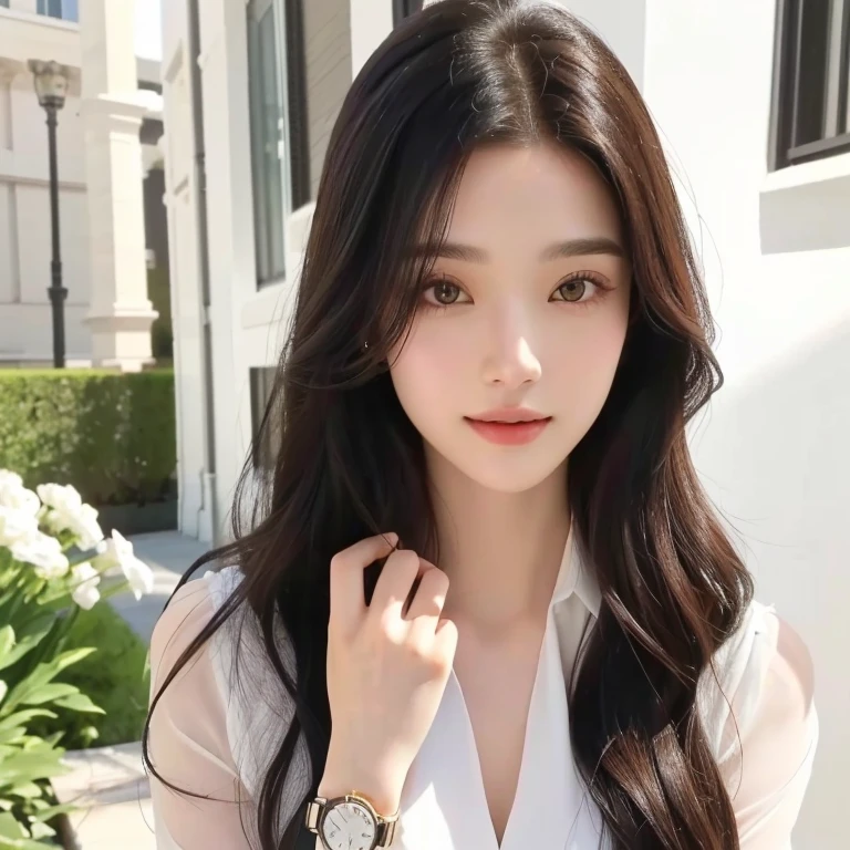 (1 Korean girl with royal sister style), ((best quality, 8k, masterpiece: 1.3)), (front photo), perfect body beauty: 1.4, (holding flowers: 1.6), (smile), (Street: 1.3), highly detailed face and skin texture, fine eyes, double eyelids, whitened skin, (Snow Princess hairstyle: 1.3), (round face: 1.5), (hip skirt: 1.4),