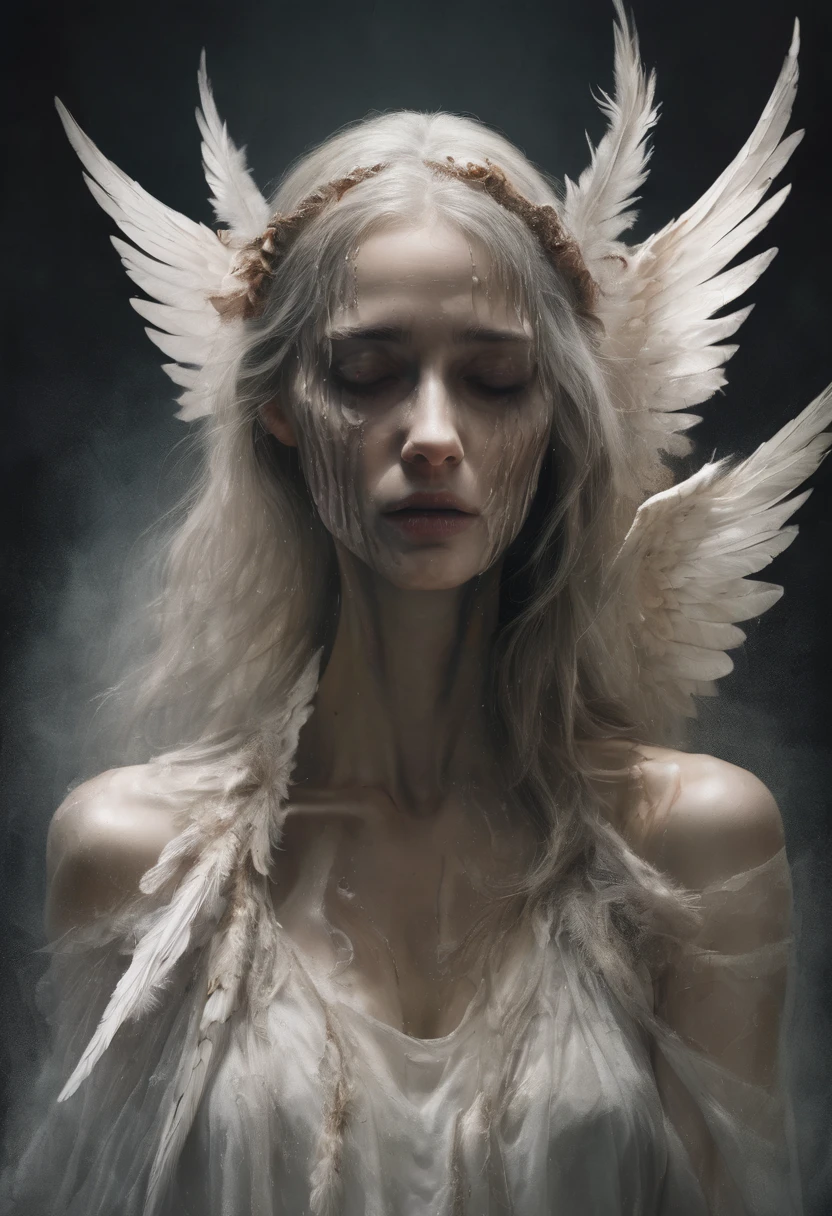 A woman with half of her face melting, one of her arms is down to the bone, with only a little flesh remaining. She has angel wings that are fading, with some feathers missing and bones showing. Her presence is imposing, like something divine, but terrifying and horrible to look at. Her clothing is light but torn, with a delicate fabric that suggests something angelic, already worn out.