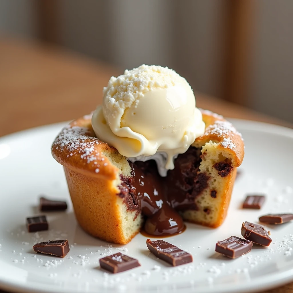 Muffin with melted chocolate inside and a scoop of vanilla ice cream on top of the muffin