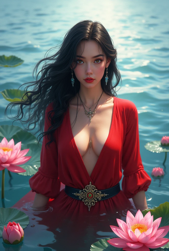 Samia, Kizi, standing alone, shirtless showing chest, looking at you, Face, perfect, flowers, high qualiy,  Radiant, knightgirl, pious, red shirt, red velvet, water, ocean,  lotus