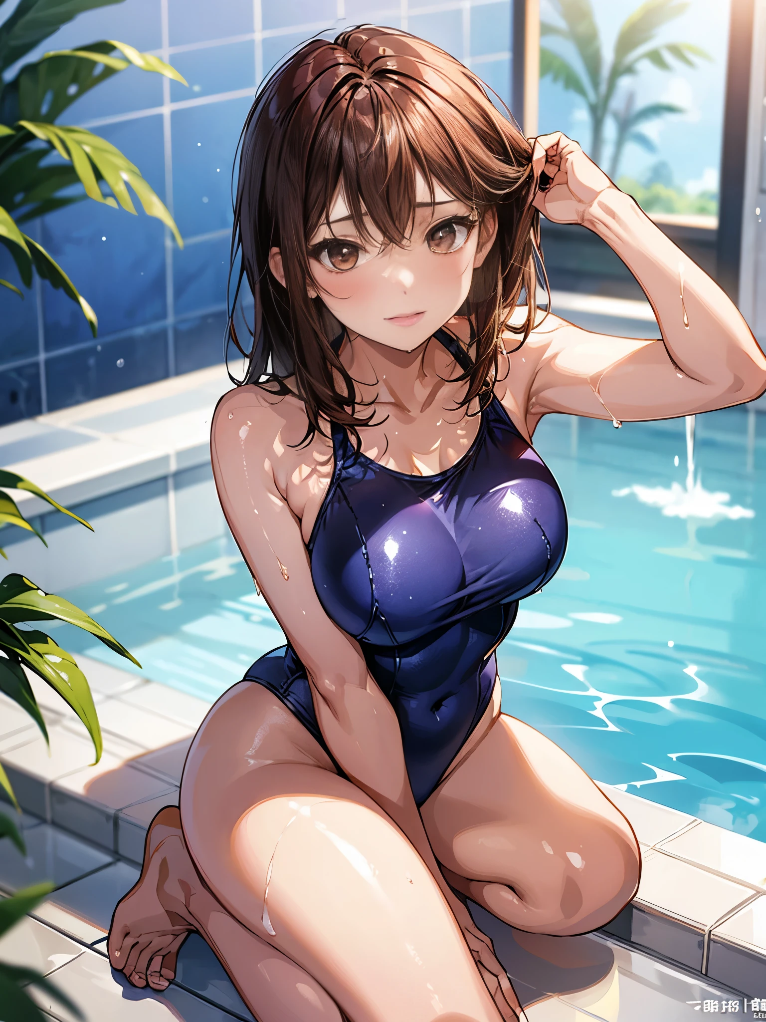 Orange and navy high cut swimsuit、Swimming School Coach、Wet swimsuit、detailed, Oily and shiny skin、Shiny thighs、One beautiful woman、Big Breasts、25-year-old gravure idol、Medium brown hair、Nogizaka Idol、Sensual look、Sexy pose、White skin、Taking a shower in a luxury resort hotel bathroom