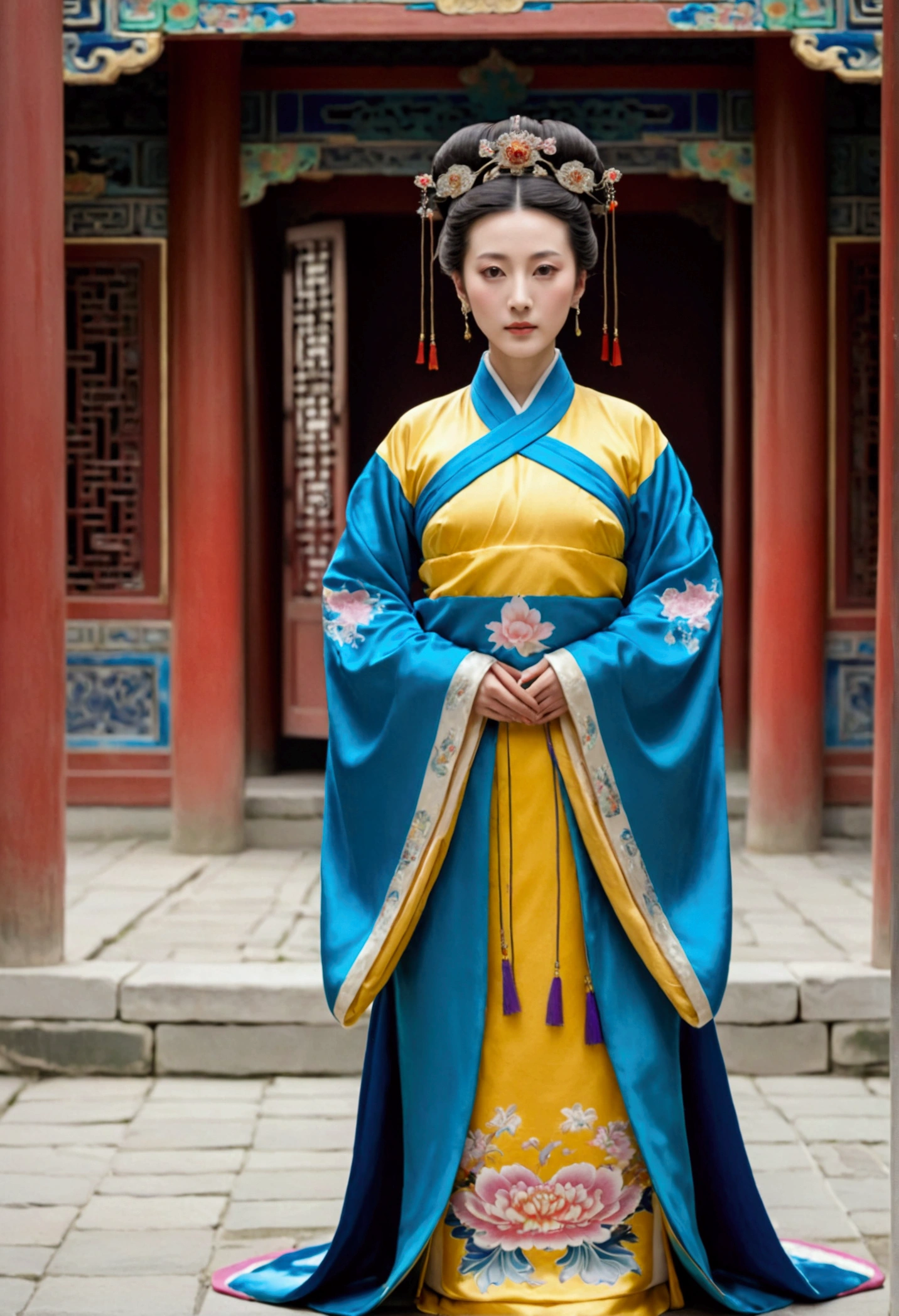 A woman seen from the front, standing full-body, facing forward, wearing a crown and floral hairpin of a Qing dynasty empress in the Chinese imperial court of the Qing dynasty, showing her chest, lower abdomen, thighs and feet。She is wearing no underwear, and her large breasts are exposed, right down to her bare stomach. Her body is tied up and pulled up, and the background is the stone pavement of the Chinese palace during the Qing dynasty.