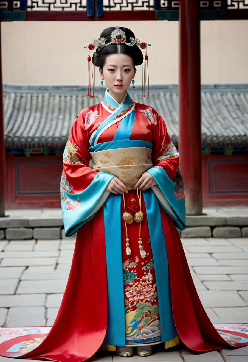 A woman seen from the front, standing full-body, facing forward, wearing a crown and floral hairpin of a Qing dynasty empress in the Chinese imperial court of the Qing dynasty, showing her chest, lower abdomen, thighs and feet。She is wearing no underwear, and her large breasts are exposed, right down to her bare stomach. Her body is tied up and pulled up, and the background is the stone pavement of the Chinese palace during the Qing dynasty.