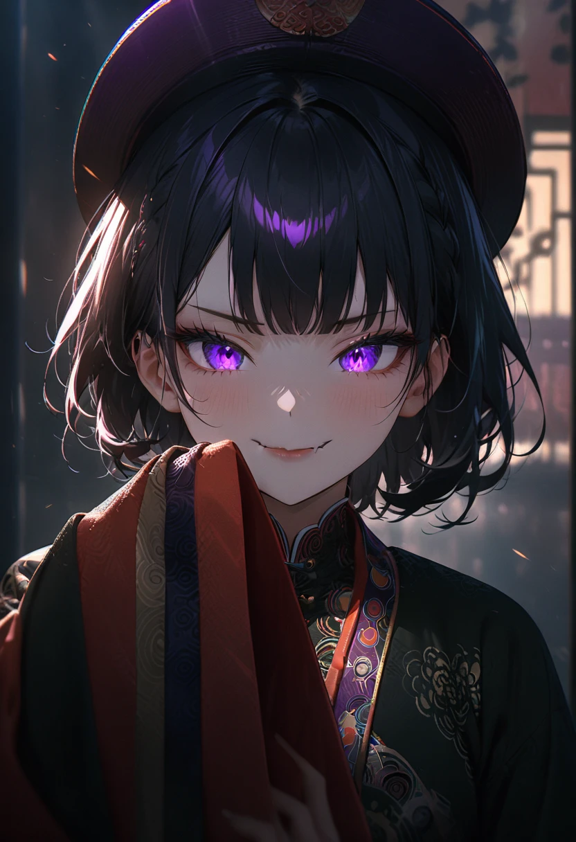 (masterpiece, best quality:1.2), super detailed, extreme detailed, portrait, 1girl, solo, beautiful face, short black hair with bang, glowing purple eyes, detailed eyes, pretty lipstick, spider fangs, smirk, evil expression, standing, nhat binh clothing, hat, long sleeves, wide sleeves, POV, white fog background, East Asia Theme, soft focus, (cowboy shot), lens flare, DeepNegative_xl_v1