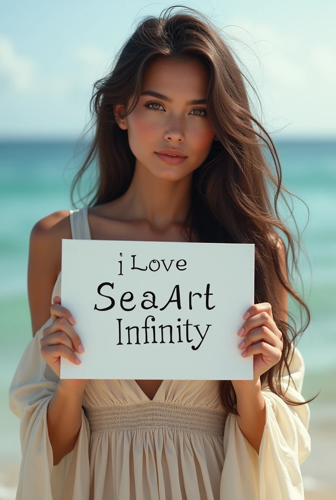 Beautiful girl with wavy long hair, bohemian dress, holding a white board with text "I Love Seaart Infinity" and showing it to the viewer