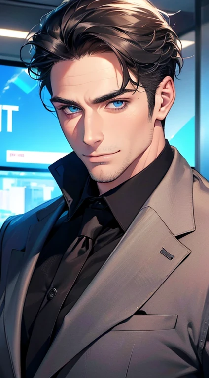 (best quality,4k,8k,highres,masterpiece:1.2),ultra-detailed,(realistic,photorealistic,photo-realistic:1.37),1 man,31 years old,mature man,very handsome,without expression,smile,short grey black hair,blue eyes,penetrating gaze,perfect face without errors,imposing posture,businessman,office background,cinematic lighting,hdr image