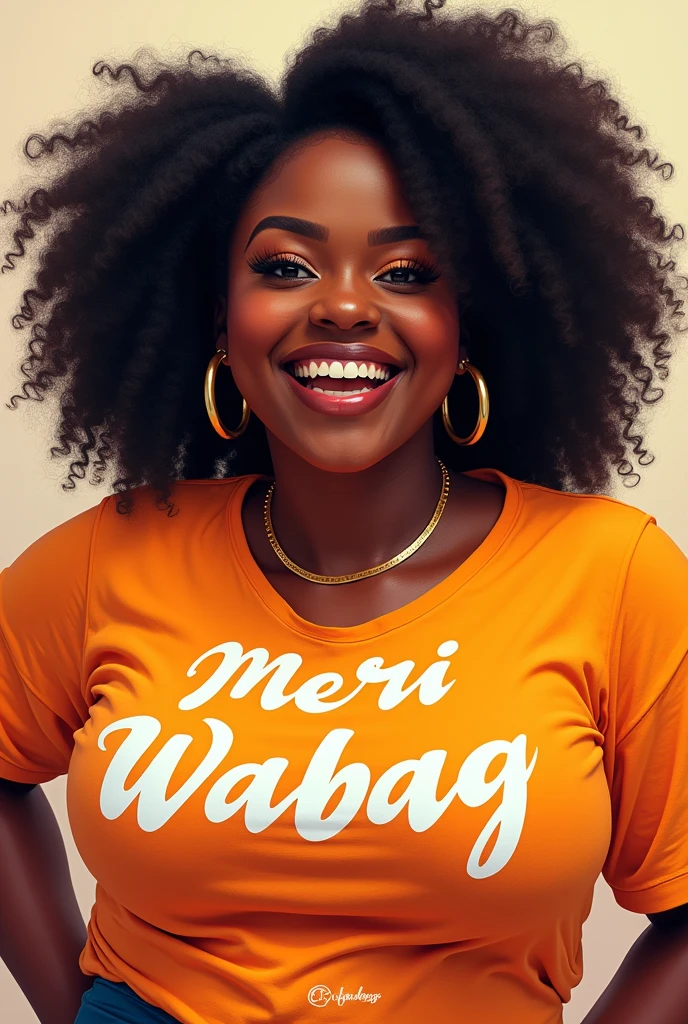 A fat black lady wear a shirt printed Meri Wabag