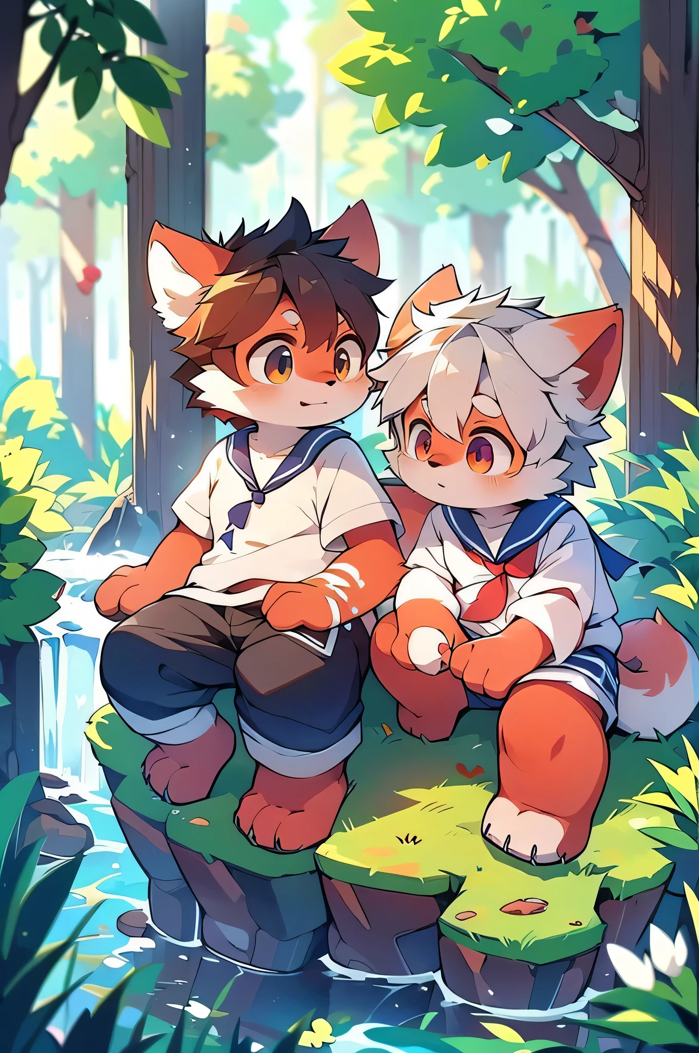 Dagashi,Hair growing all over the body,Red fur,Red face,Gray Hair,Mammals,male,Libido boy,Red face fur,Fluffy tail,10 years old,Shining Eyes,Panoramic View:1.2,Character Focus,((Wearing a sailor uniform,River side,waterfall,nature,beautiful))