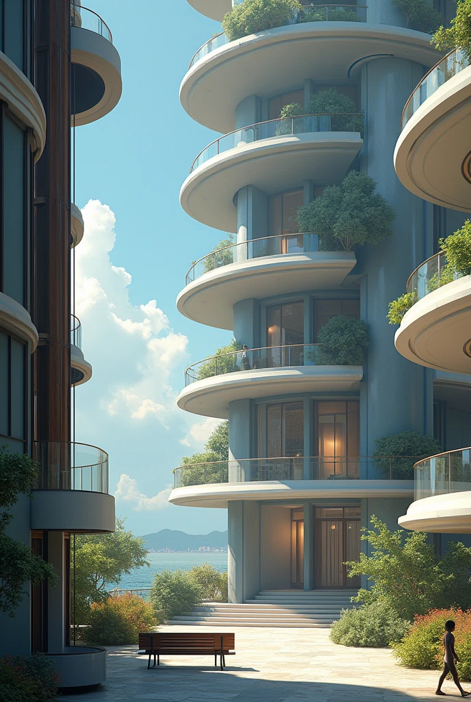 A modern round building with infinite floors containing many doors, that for each floor each door leads to a different dimension, On the side there is an elevator and it has different descent positions for each floor., The image is viewed from the center of the building where there is a patio, where you can see a bench to appreciate the building 