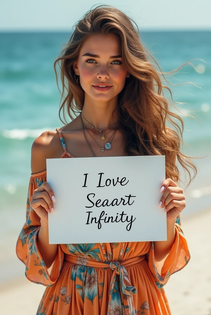 Beautiful girl with wavy long hair, bohemian dress, holding a white board with text "I Love Seaart Infinity" and showing it to the viewer