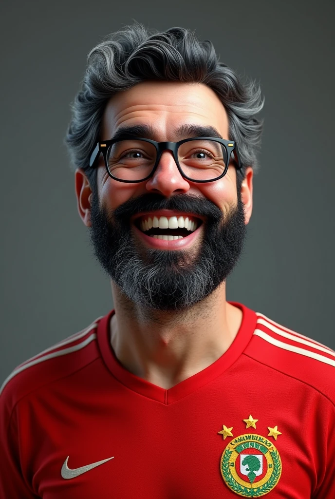 Create an image of a 40-year-old man with black hair with white strands, checkered glasses, who is very happy and also has a black beard with white strands and is addicted to Flamengo, always wears the shirt of his favorite team.