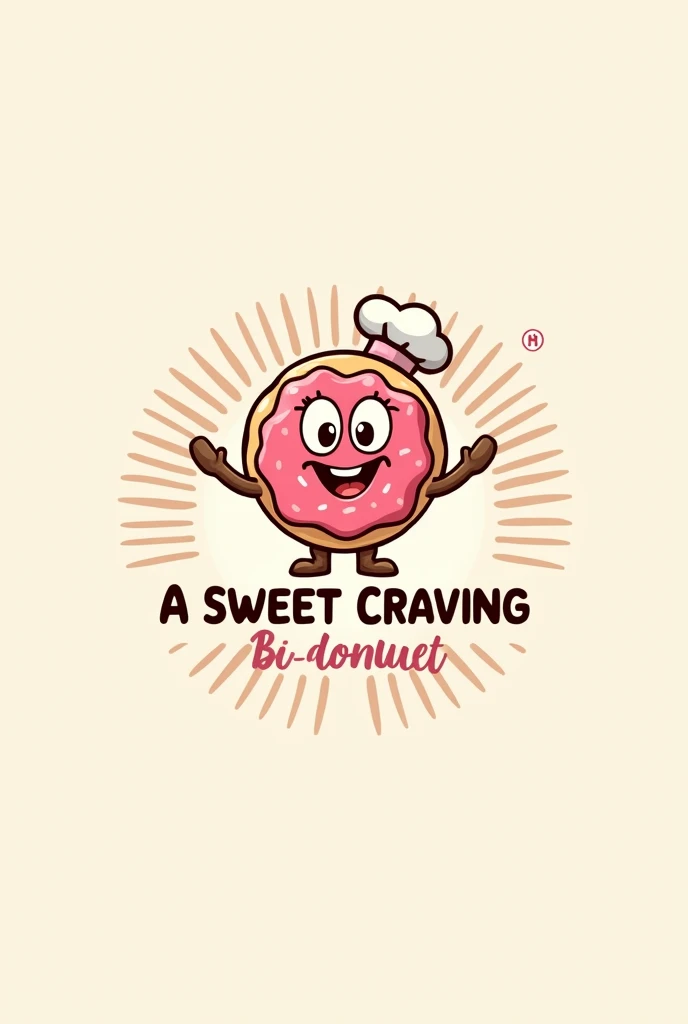 A donut logo with a happy animated little donut in the middle with legs and arms and a chef&#39;s hat , above that says A SWEET CRAVING, and below it says MB