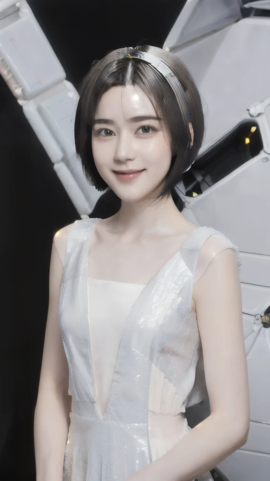 268 (20-year-old princess,Are standing), ((short hair:1.46)), (chest:1.46), Old-fashioned smile, (flower), (Spaceship:1.46)