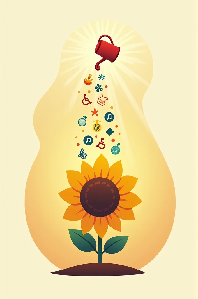 Create a logo for special children, where there is a sunflower that represents Down syndrome being watered from above by a watering can that instead of water coming out of this watering can, various symbols that represent special people come out, with wheelchair, blind, deaf, TDAH, austista..