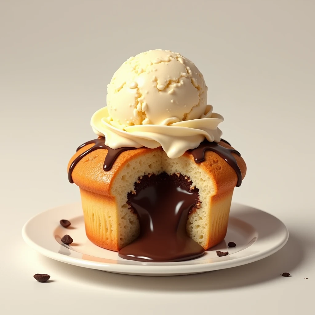 Muffin with melted chocolate inside and a scoop of vanilla ice cream on top of the muffin