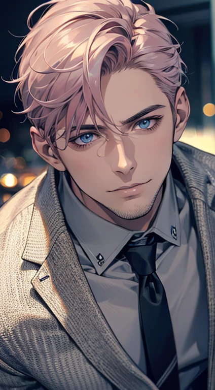 (best quality,4k,8k,highres,masterpiece:1.2),ultra-detailed,(realistic,photorealistic,photo-realistic:1.37),1 man,31 years old,mature man,very handsome,without expression,smile,short grey pink hair,blue eyes,penetrating gaze,perfect face without errors,imposing posture,businessman,office background,cinematic lighting,hdr image