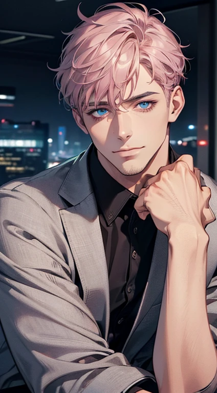 (best quality,4k,8k,highres,masterpiece:1.2),ultra-detailed,(realistic,photorealistic,photo-realistic:1.37),1 man,31 years old,mature man,very handsome,without expression,smile,short grey pink hair,blue eyes,penetrating gaze,perfect face without errors,imposing posture,businessman,office background,cinematic lighting,hdr image