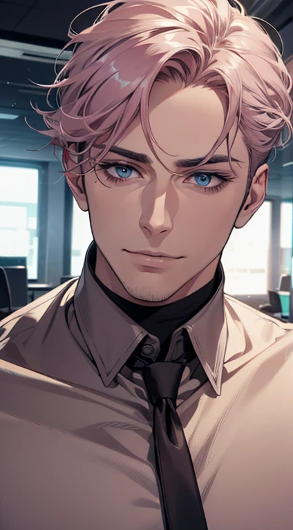 (best quality,4k,8k,highres,masterpiece:1.2),ultra-detailed,(realistic,photorealistic,photo-realistic:1.37),1 man,31 years old,mature man,very handsome,without expression,smile,short grey pink hair,blue eyes,penetrating gaze,perfect face without errors,imposing posture,businessman,office background,cinematic lighting,hdr image