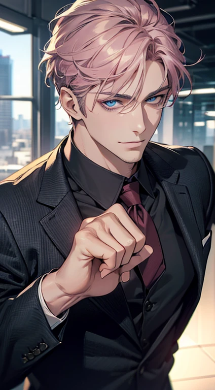 (best quality,4k,8k,highres,masterpiece:1.2),ultra-detailed,(realistic,photorealistic,photo-realistic:1.37),1 man,31 years old,mature man,very handsome,without expression,smile,short grey pink hair,blue eyes,penetrating gaze,perfect face without errors,imposing posture,businessman,office background,cinematic lighting,hdr image