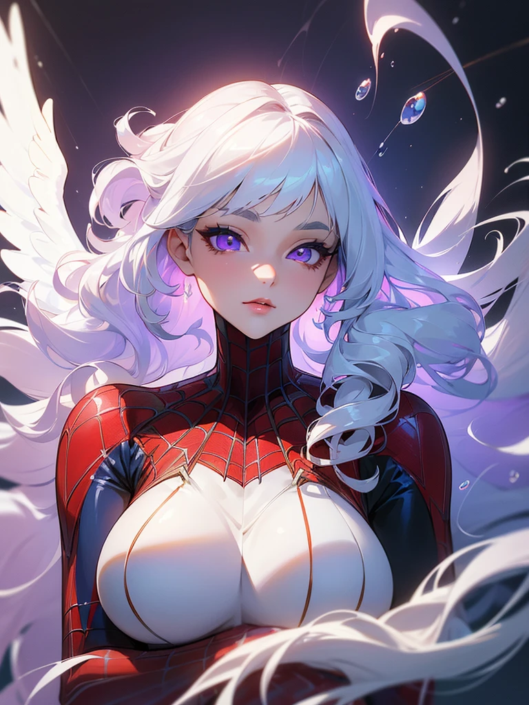 ((ultra quality)), ((masterpiece)), ((Water)), ((fire)), ((Angelic beauty woman)), ((long white curly hair)), ((White hair)), ((White hair)), ((curly hair)), (beautiful face), (beautiful female lips), Enchanting ((Seductive facial expression)), looks at the camera with a slight smile, (White skin color), (White skin), glow on the body, ((detailed eyes)), ((violet eyes)), (juicy female lips), (dark eyeliner), (beautiful female hands), ((thick body)), ideal female body, ((Spiderman suit)), beautiful waist, beautiful big hips, big breasts, thick thighs, ((Subtle and beautiful)) (), ((depth of field)), ((high quality clear image)), (delete details), ((High detail)), ((clear focus))