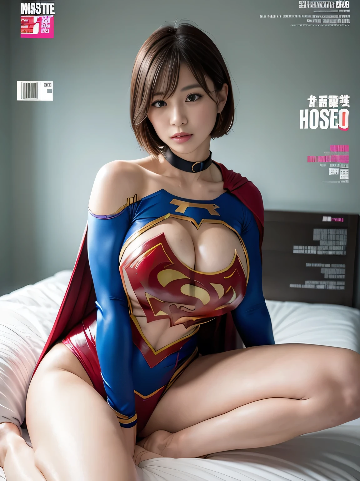 masterpiece、Rubber Supergirl Costume、Short Hair、On a hospital bed、Crisis situation、Big and ample breasts、looking at the camera、Shiny、Off the shoulder、choker、Long sleeve、exy poses to seduce、Sweaty skin、Model body type、Alluring、charm、Enchanting、Abused、test subject、victim、Wild、Photorealistic、latex、Expose your belly、athlete、High leg leotard、Photo magazine cover、Cape、Glamorous cleavage、barefoot、wallpaper for pc、