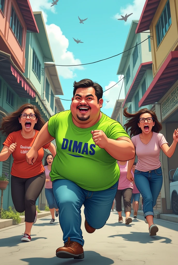 an Indonesian man with a chubby body, a slight beard on his face, slightly curly hair, wearing a highlighter green t-shirt that says "DIMAS", blue jeans, running while smiling, being chased by complex mothers because he stole his mother's panties. mother