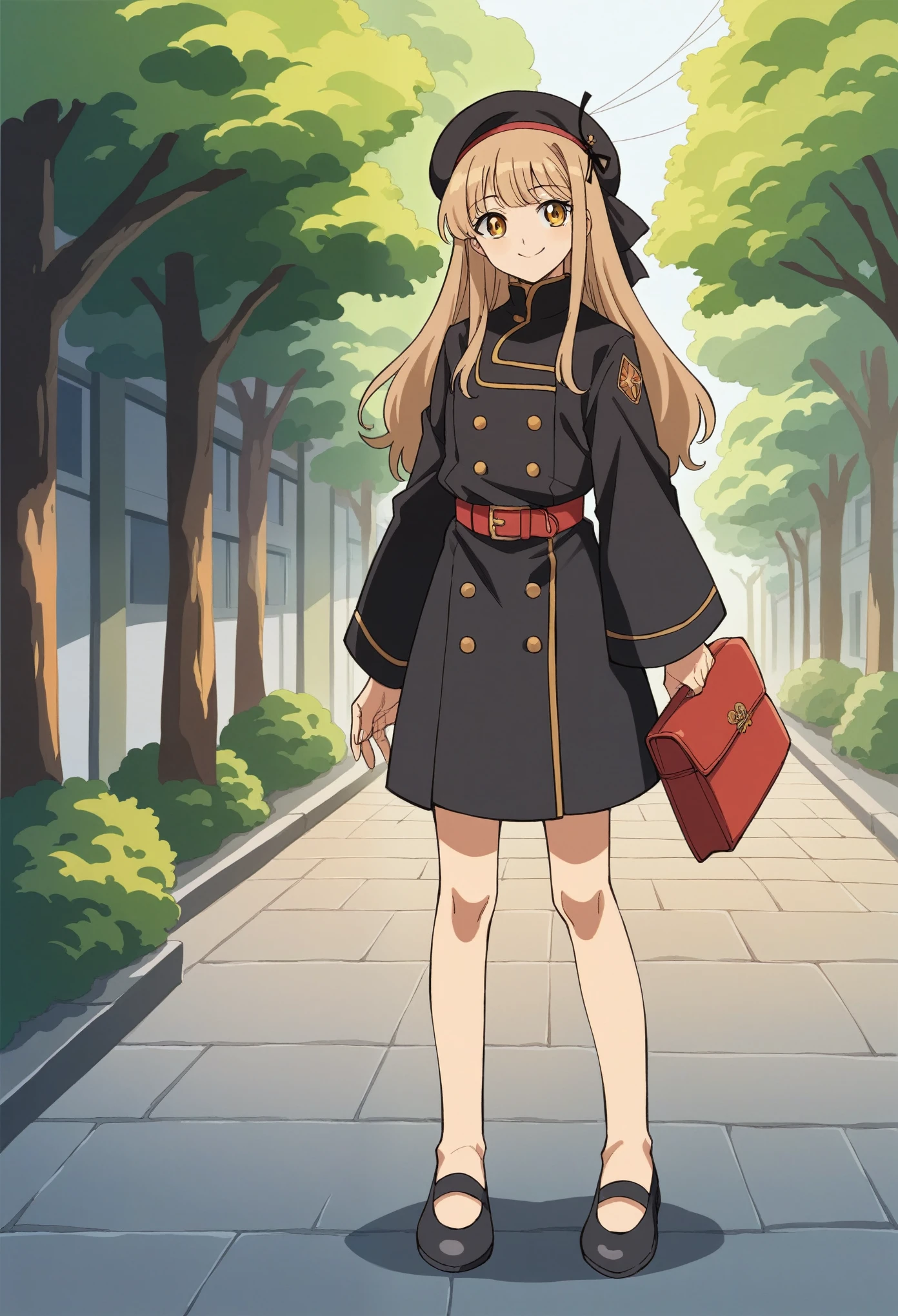 (masterpiece:1.2, Highest quality),(Anime Style),Visible from the knees to the head, 20 year old woman smiling,Golden Eyes,Beige hair,Half Up,Long Hair,Black Ribbon,Cutting bangs,white,Wearing a beret,金の縁取りのwhiteいワンピース,短いwhiteいケープ,Red Belt,Tree-lined street