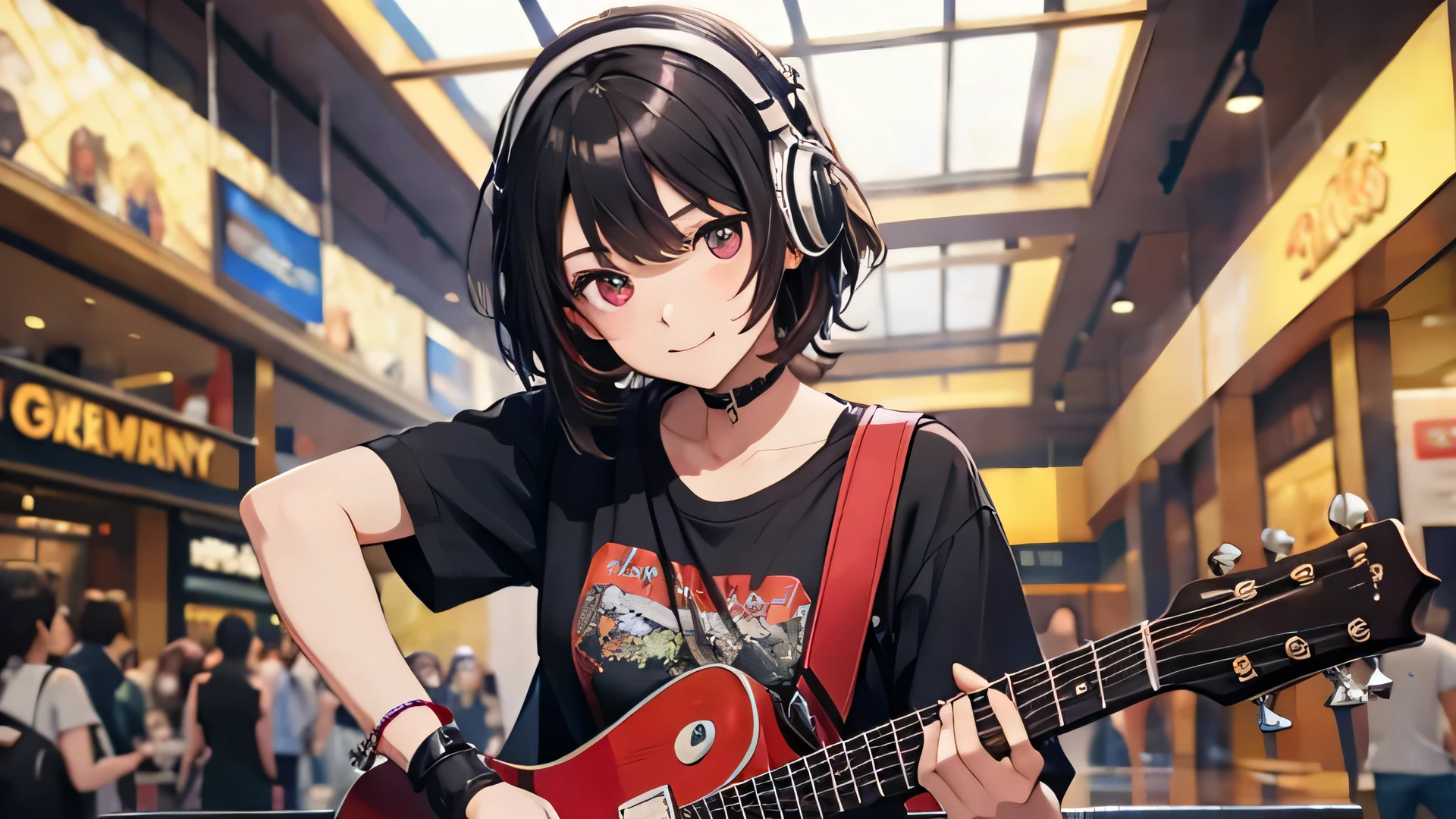 最high quality、Best image quality、masterpiece、girl((18-year-old、 By becoming、Best Bust、Medium Bust,Tea that opened my chest wide、Red glowing eyes,Black Hair、Red Mesh、Disheveled Hair、Short Hair、Hime cut、thin,Highest valley、Open the chest、Illuminated Wristbands、hair ornaments、Show your whole body,Oversized short-sleeved black T-shirt、Denim pants、Leaning forward、smile、Holding the guitar、)),high quality、Beautiful art、background((Large shopping malls,Street Museum))、Flight、flying debris、Written boundary depth、movie、Visual Arts、Perfect art、8k,Genuine,（Headphones）Acoustic guitar