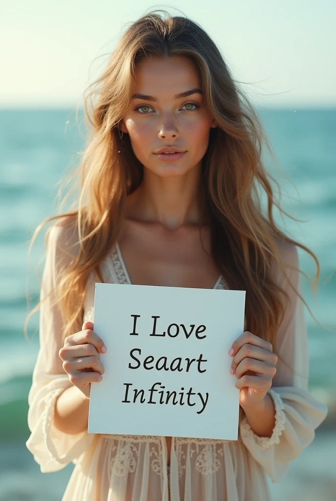 Beautiful girl with wavy long hair, bohemian dress, holding a white board with text "I Love Seaart Infinity" and showing it to the viewer