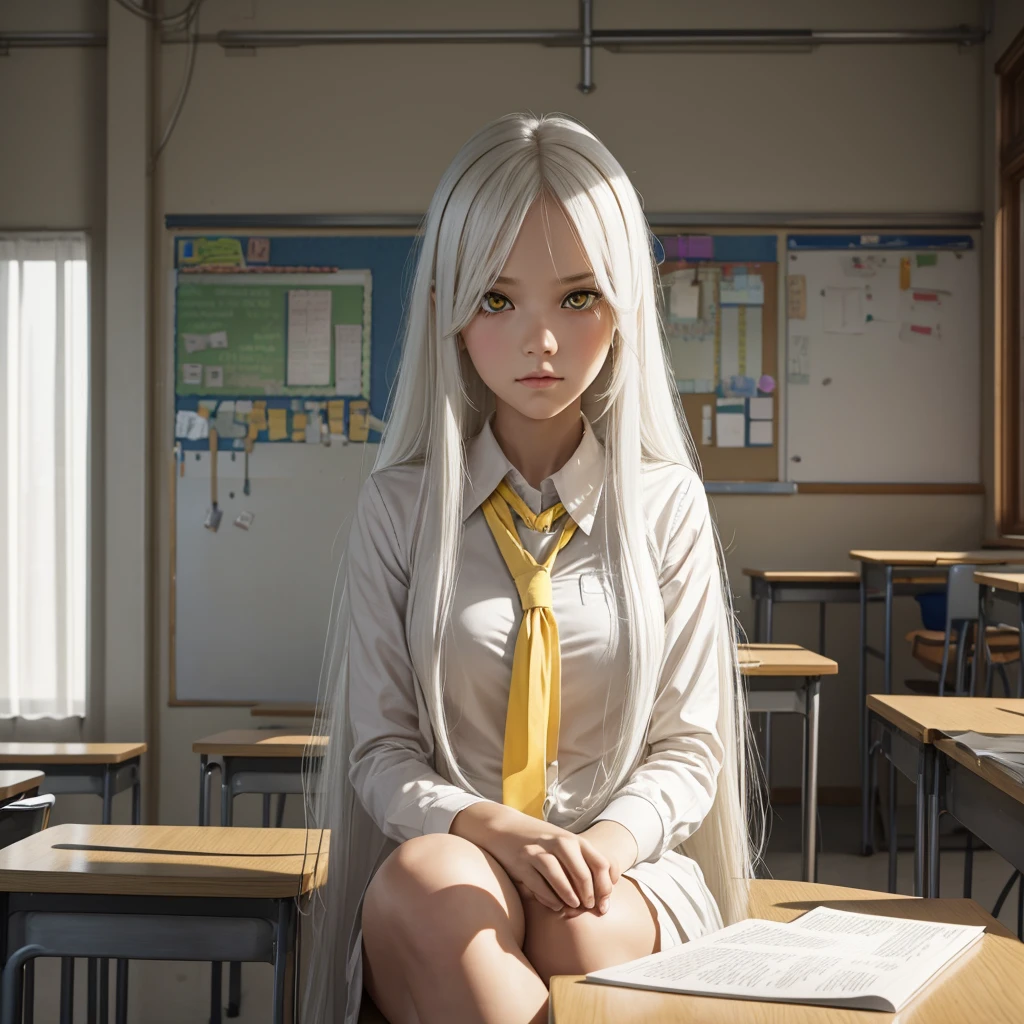 A beautiful girl is sitting in her classroom, with long white hair and beautiful yellow eyes and sullen expression.