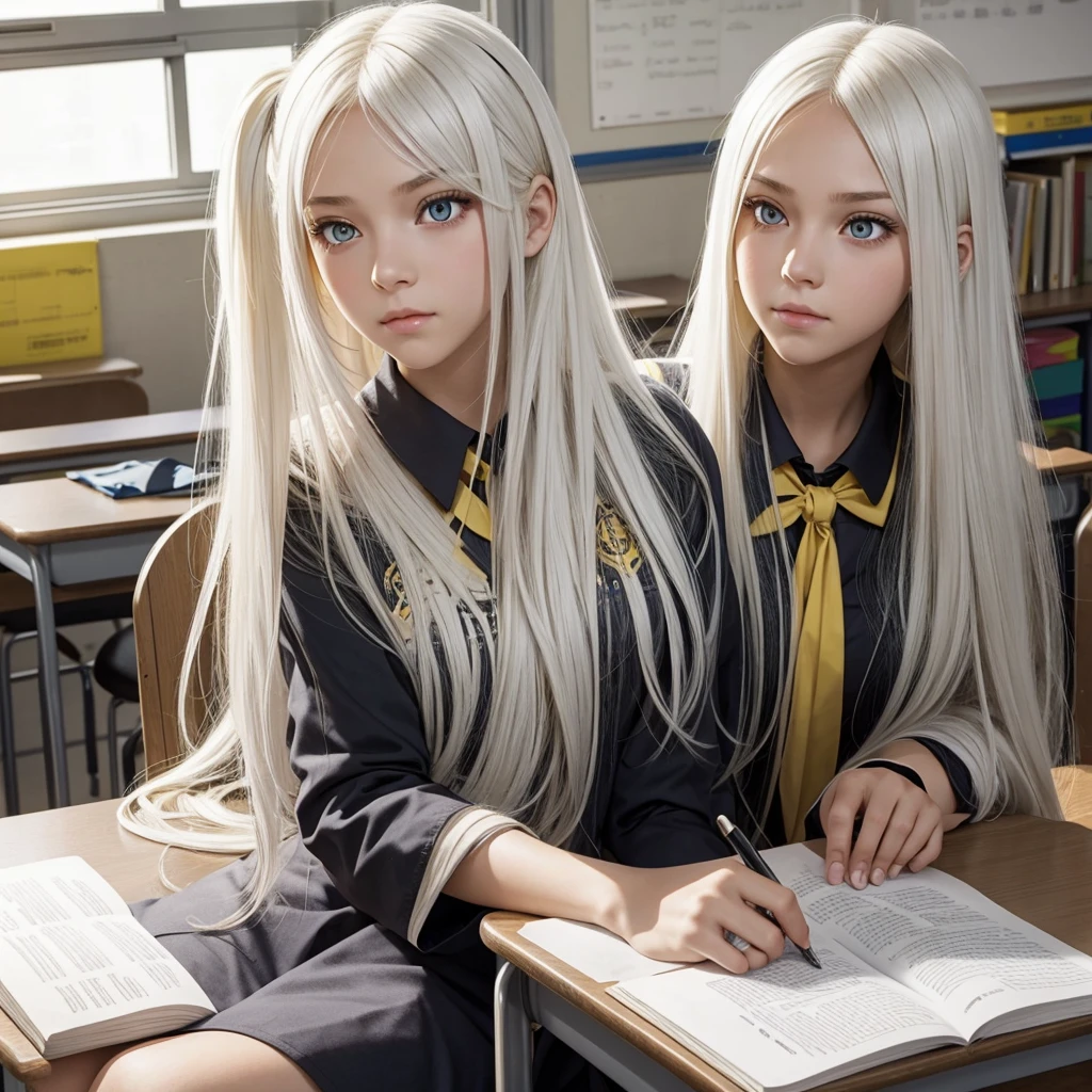 A beautiful girl is sitting in her classroom, with long white hair and beautiful yellow eyes and sullen expression.