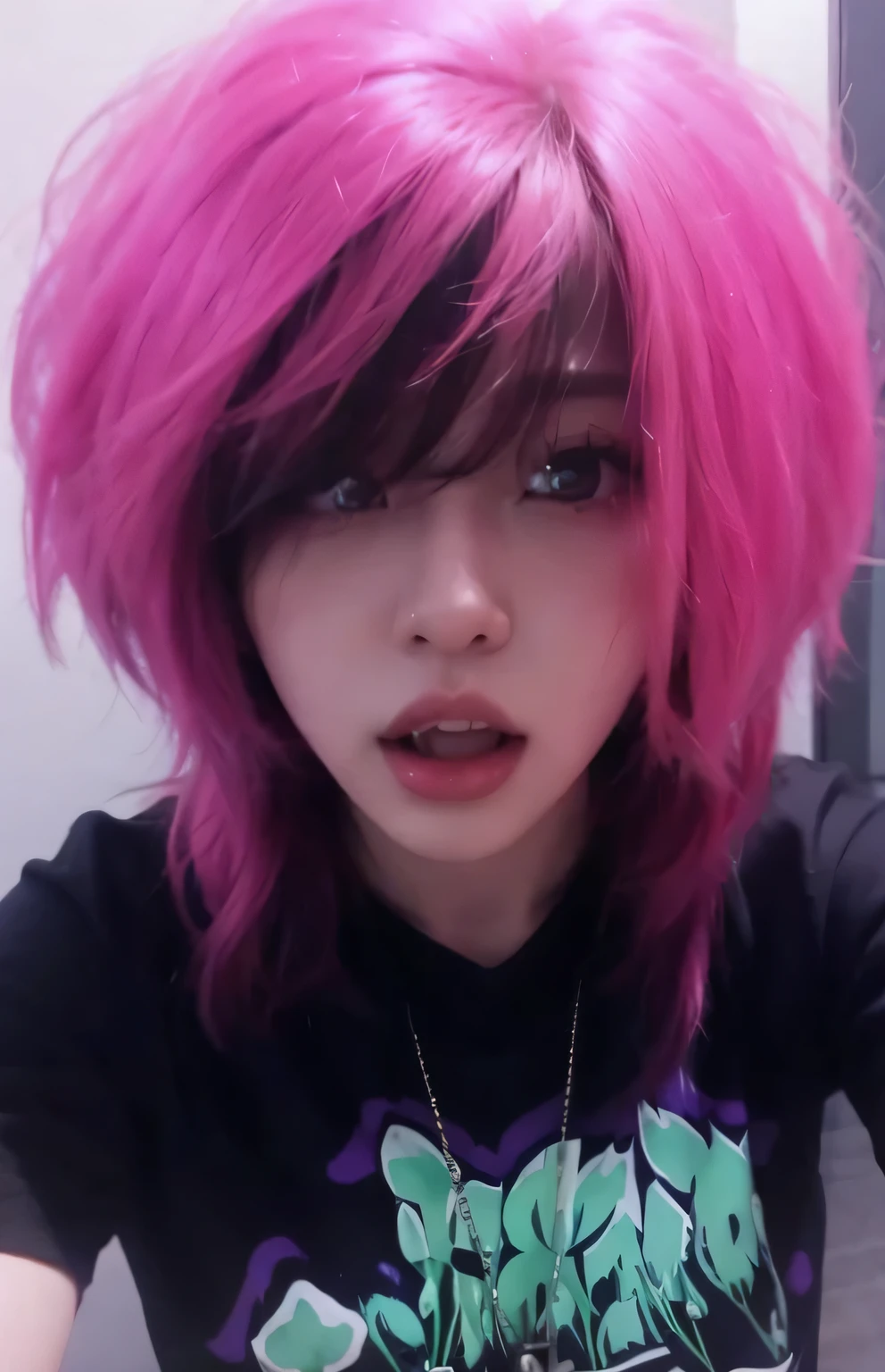 arafed woman with pink hair sitting at a table with a phone, with pink hair, profile image, taken in the early 2020s, cute girl with short blue hair, very silly looking, profile pic, albino hair, profile photo, pink hair, wearing a pink hoodie, taken in the late 2000s, angie glocka