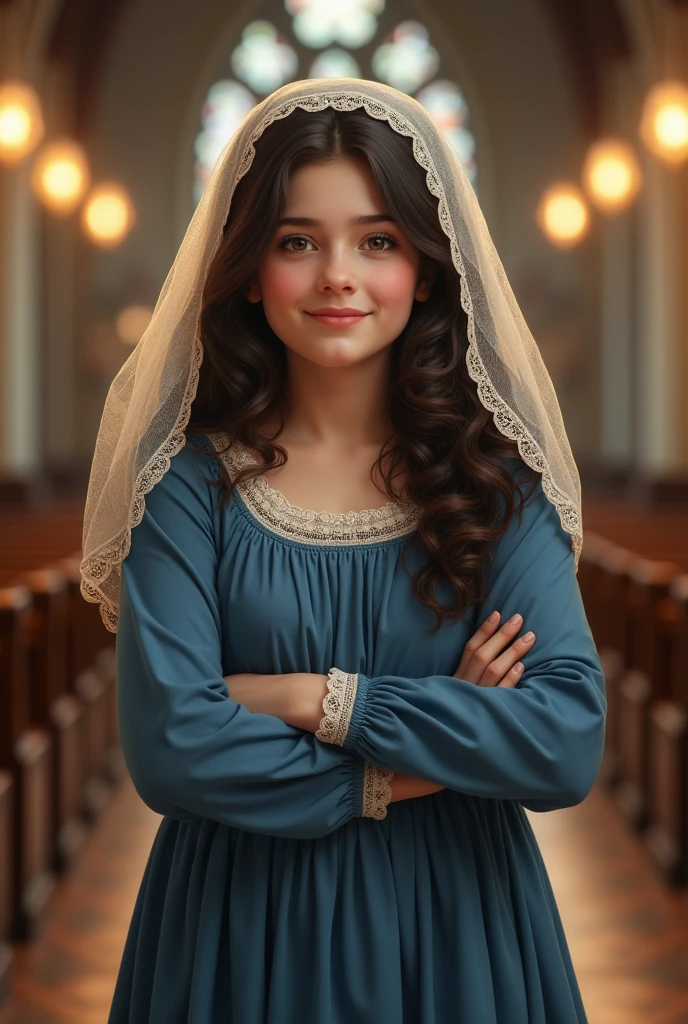 17 year old fat girl smiling, white skin and brown eyes with almost long curly dark colored hair standing in a catholic church , with a light blue dress, modest and long, peasant style and without necklines , and a beautiful veil in her hair that was used in masses for unmarried girls in the past